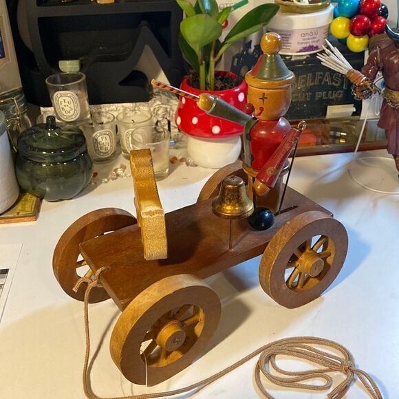 Antique Wooden Clown Training Dog Pull Toy - Picture 1 of 7